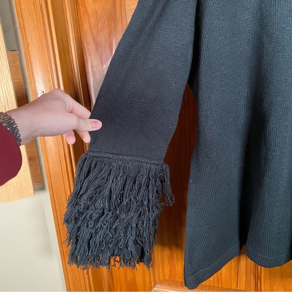Roaman's Black Cold-Shoulder Sweater with Fringe Long Sleeves - Picture 2 of 10